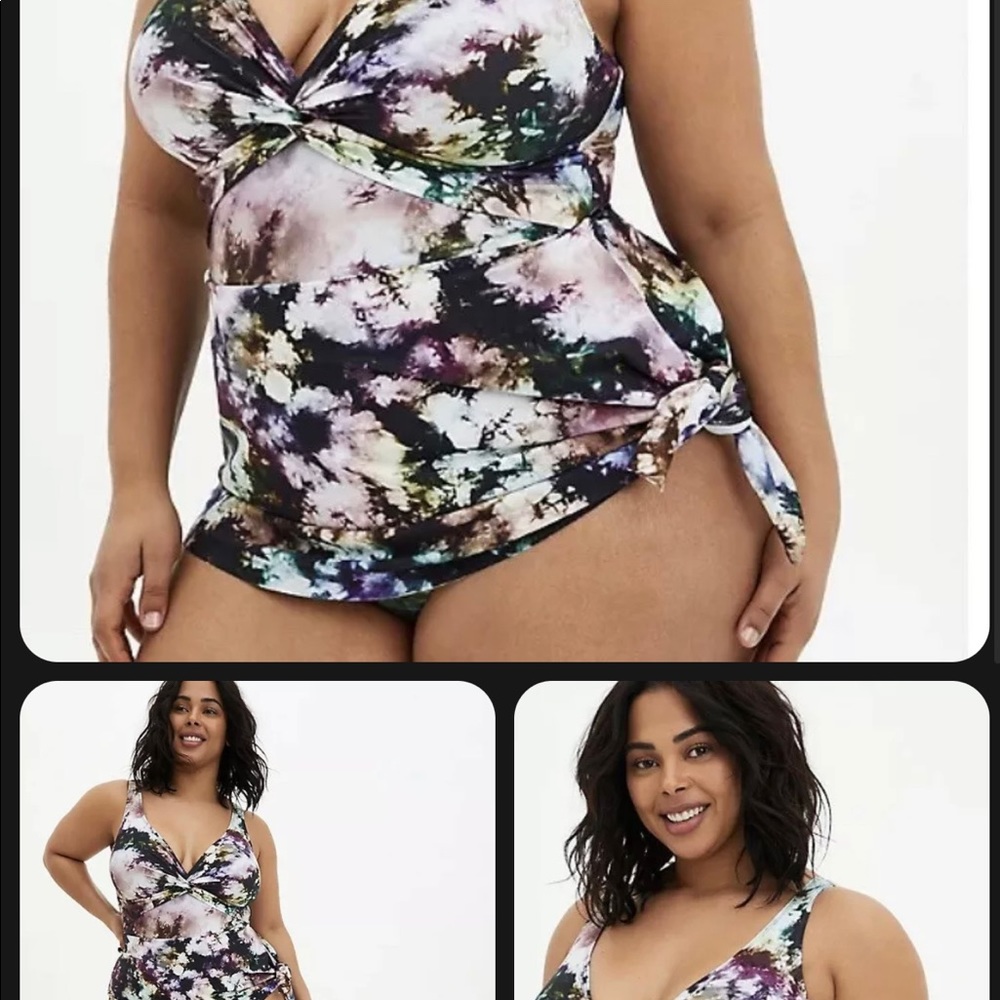 Torrid tie dye asymmetrical, adjustable skirted swim dress.